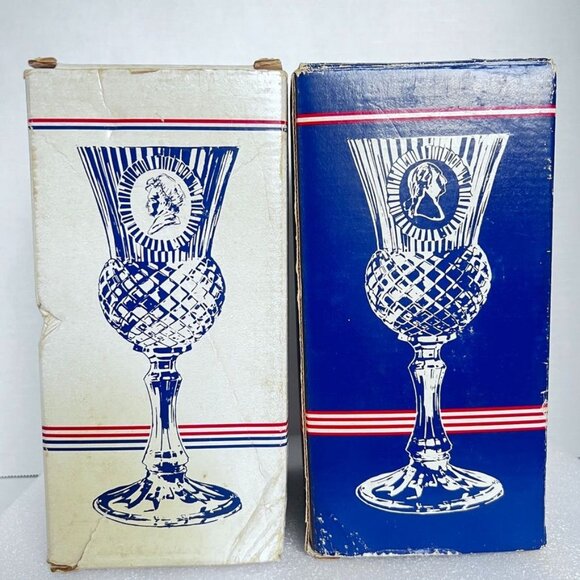 Vtg 2 Avon Blue Fostoria Goblet Candle Holders Martha & George Washington - Picture 8 of 8